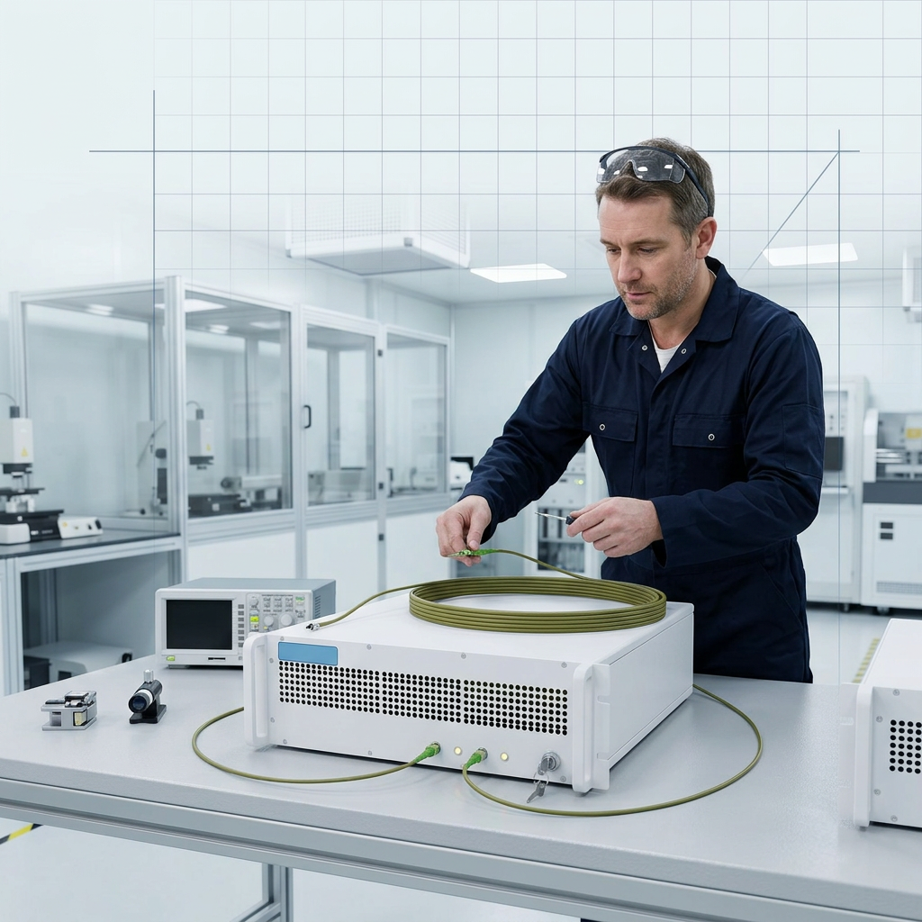 Precision optical amplifier module with Woodrow Scientific branding on a bright laboratory workbench, with an engineer in navy coveralls adjusting fibre optic cable connections while test equipment sits nearby.