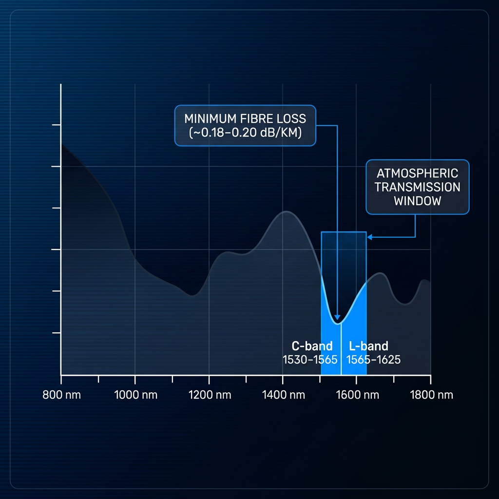 NIR spectrum graph showing wavelength range 800–1800 nm with 1530–1625 nm highlighted in electric blue. C-band and L-band marked as sub-regions. Vertical reference line at 1550 nm indicates minimum fibre loss point. Two annotation labels identify minimum fibre loss (~0.18–0.20 dB/km) and atmospheric transmission window.