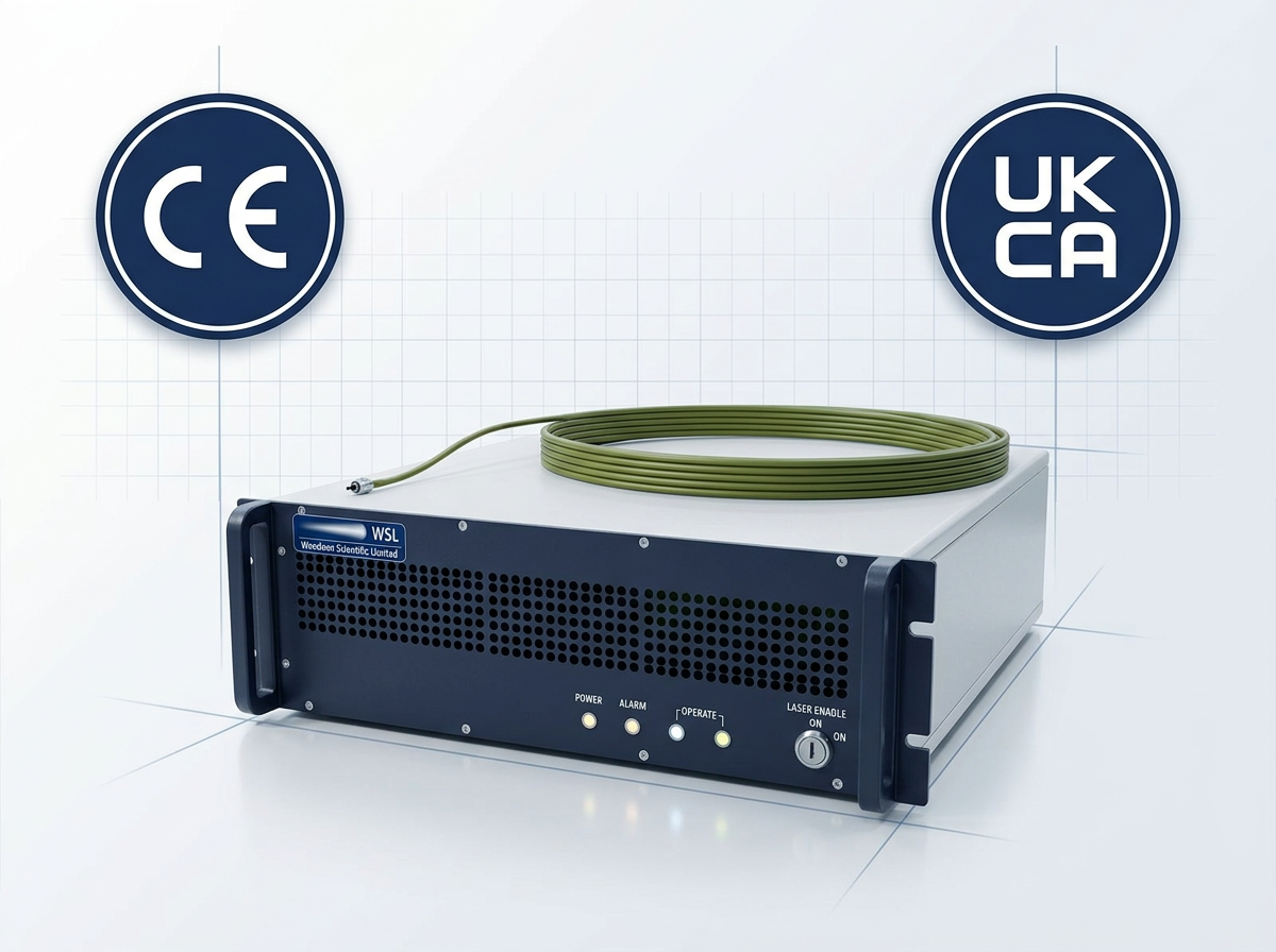 Woodrow Scientific Custom EDFA amplifier unit on light grey surface with CE and UKCA certification badges positioned above the device.