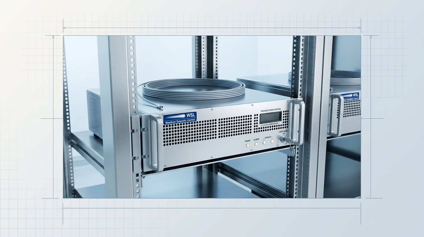 Fibre-coupled laser amplifier module mounted in stainless steel instrument rack with precision power control interface, digital readout display, and spectral monitoring indicators; adjacent amplifier module visible in background establishing multi-unit system.