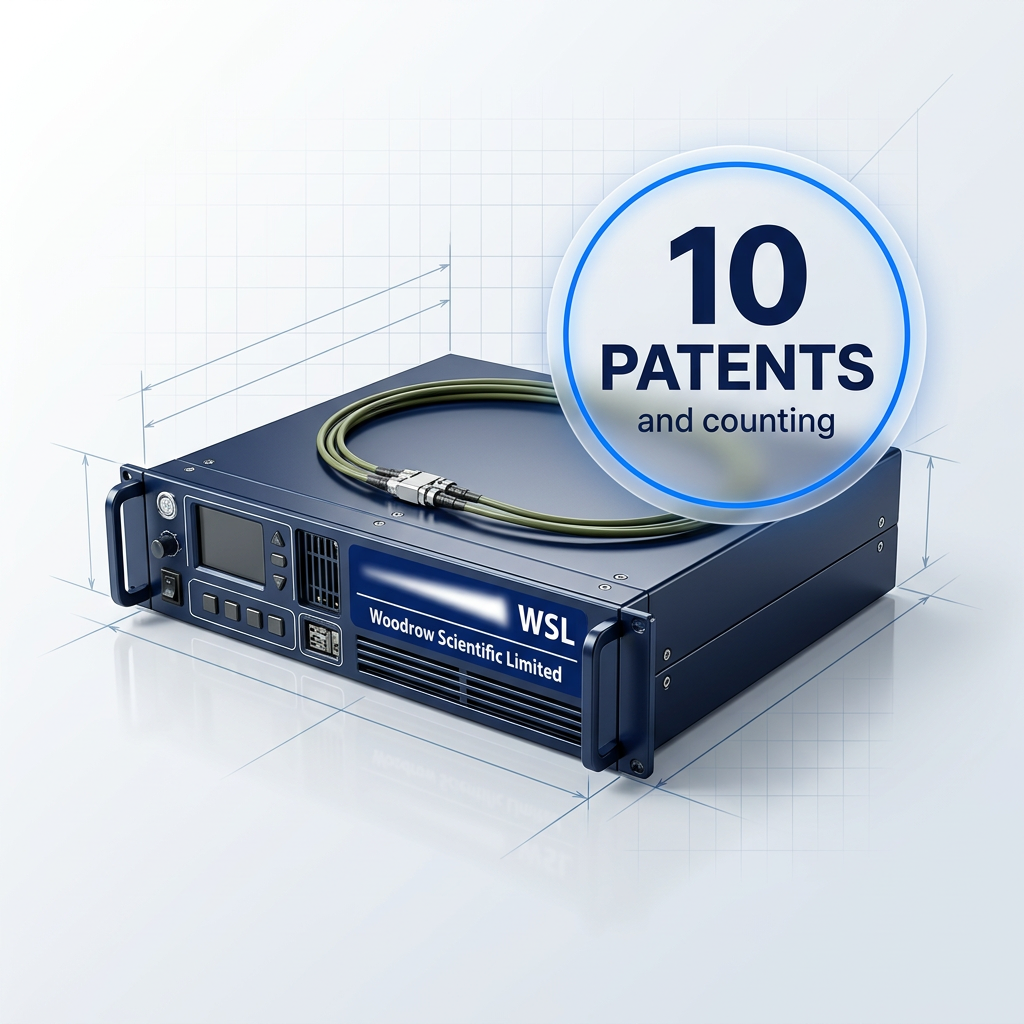 Photorealistic fibre amplifier unit with dark navy chassis on light technical background, electric blue bordered badge overlay reading '10 PATENTS and counting' positioned upper-right