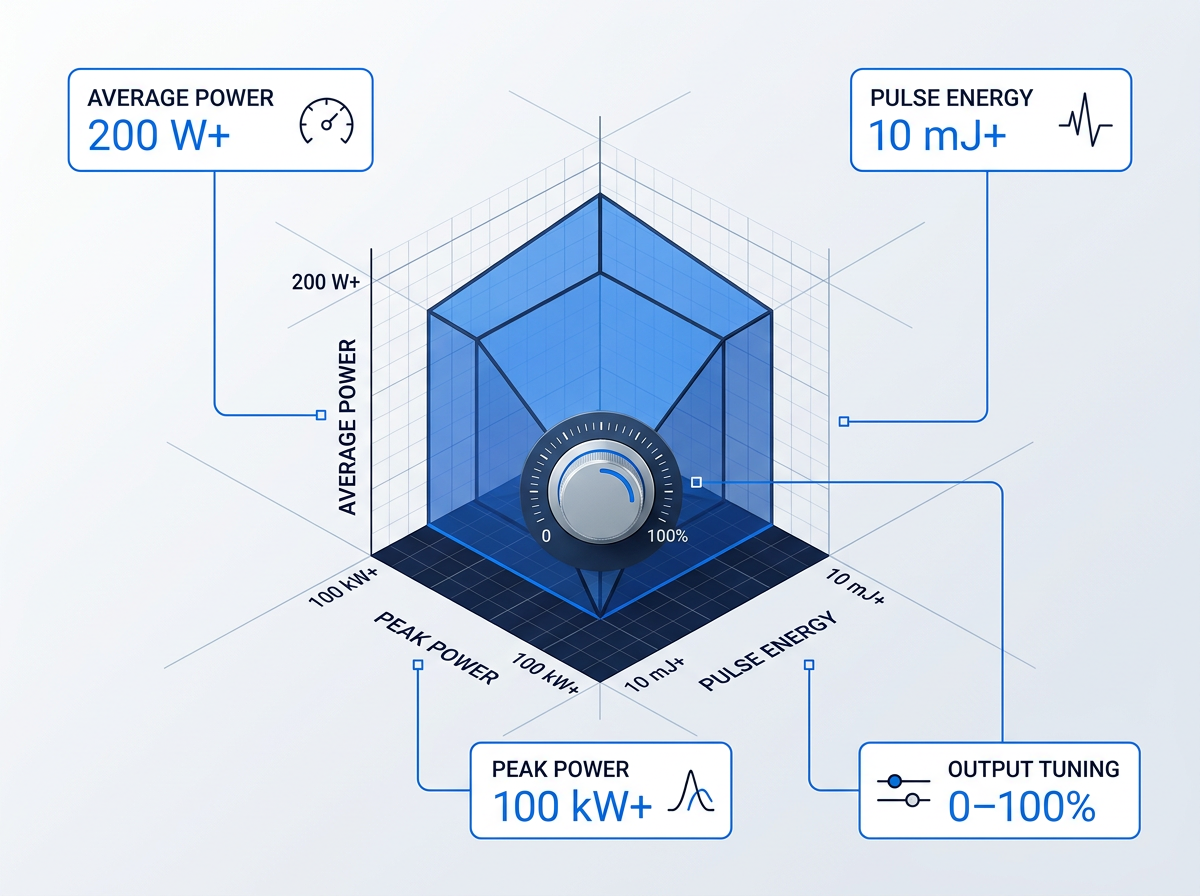 3D power envelope diagram with three performance axes: average power (200 W+), pulse energy (10 mJ+), and peak power (100 kW+), with central tuning slider marked 0–100% of rated output.