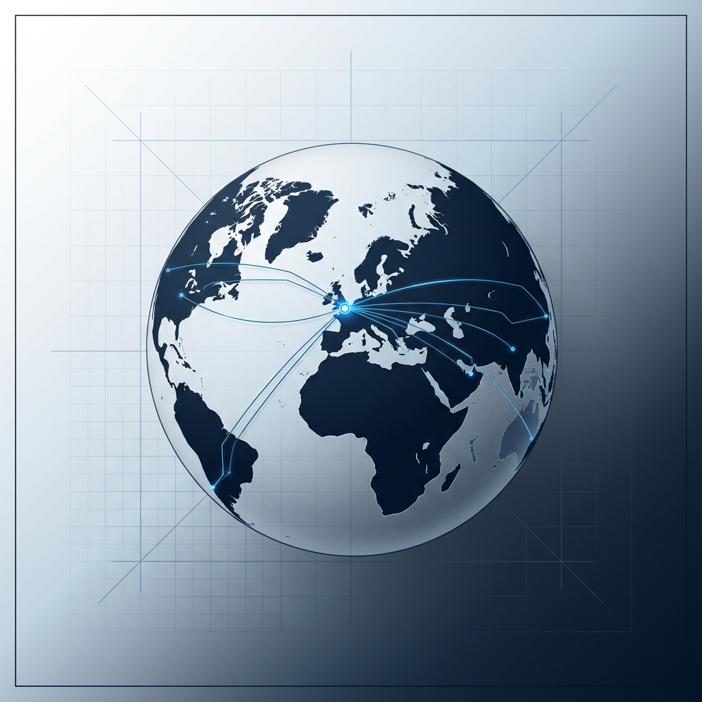 Three-dimensional globe with Southampton, UK marked by a bright electric blue glowing node, radiating thin connection lines to destinations across North America, Europe, Asia, and Australia on a dark navy technical background.