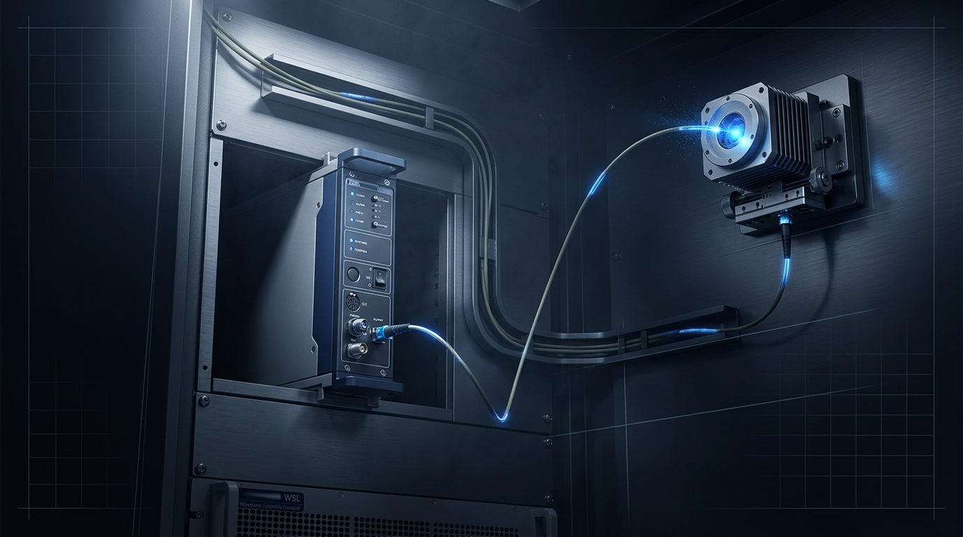 Compact fibre amplifier module mounted in ruggedised equipment enclosure with optical cables routed to directed-energy aperture assembly in military integration bay