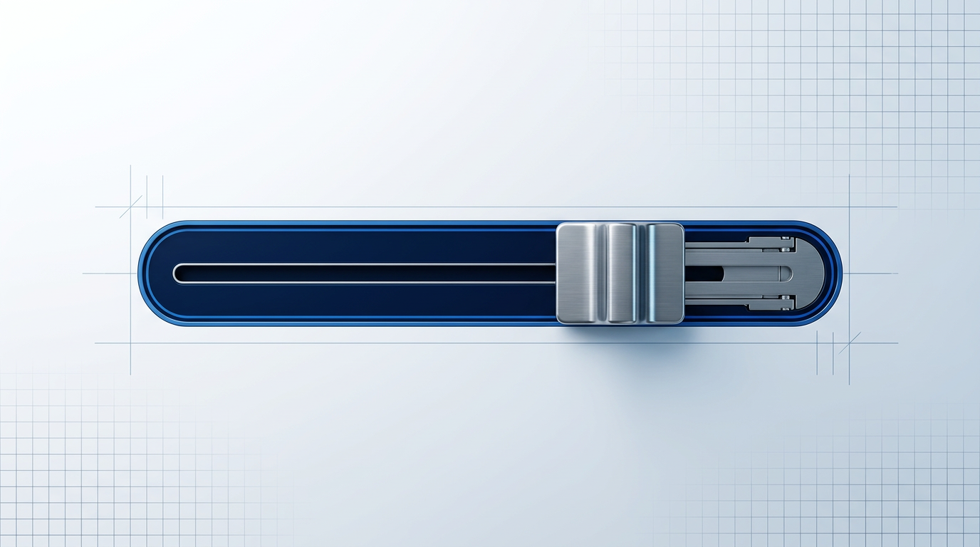 Precision power slider control with polished metal handle positioned at 75% output, mounted on light grey panel against clean technical background with subtle grid pattern.