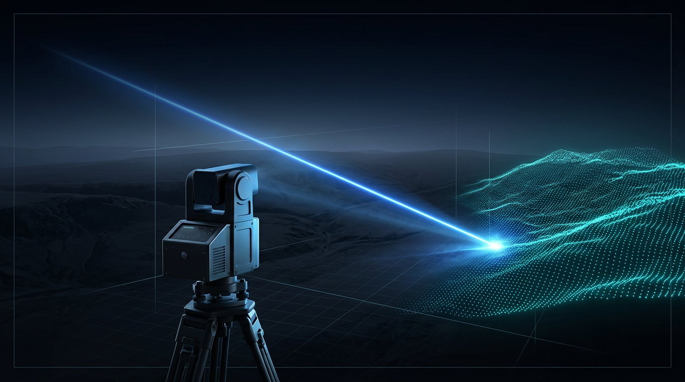 Nighttime aerial LiDAR detection scene with pulsed electric blue laser beam sweeping across dark landscape, sensor unit in foreground, and glowing teal point-cloud terrain map on right showing real-time 1550 nm range data acquisition.
