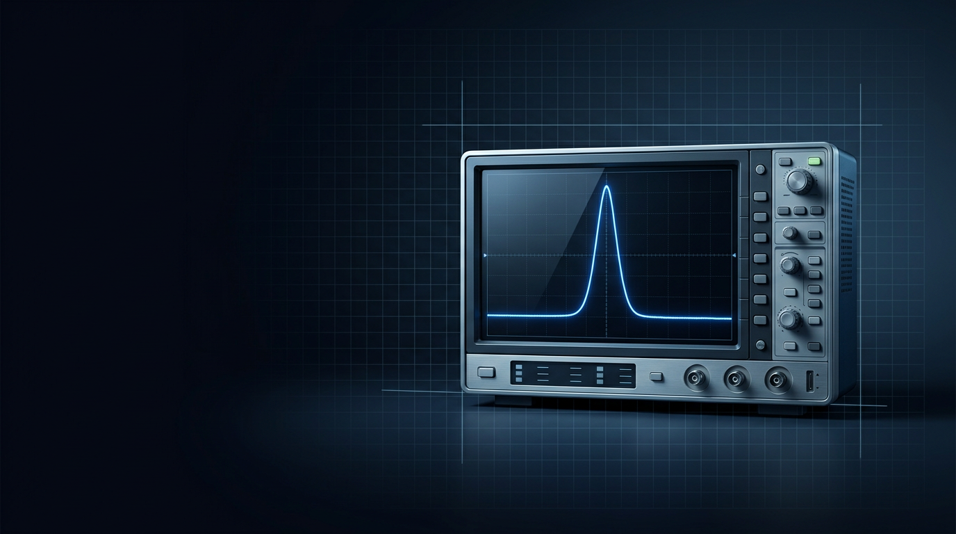 Oscilloscope display with sharp electric blue optical pulse waveform centered on dark screen, showing high-energy peak against dark technical background with grid pattern.