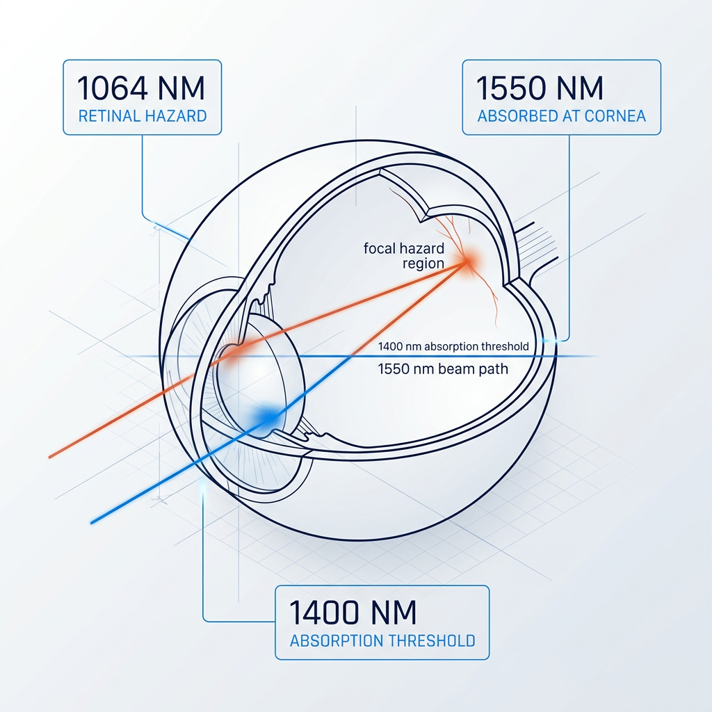 Cross-section diagram of human eye showing laser beam paths at two wavelengths: 1064 nm converging to focal point at retina labeled retinal hazard region; 1550 nm absorbed at cornea and lens. Horizontal line marks 1400 nm absorption threshold.