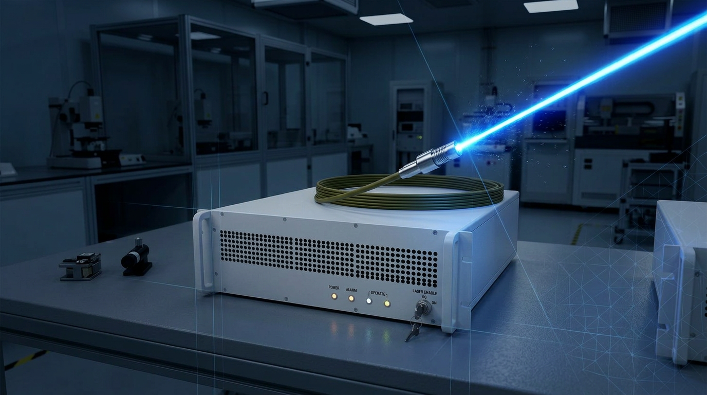 Intense electric blue fiber laser beam emerging from metallic fiber tip against dark navy technical background, with ionization effects visible around the high-energy beam path.