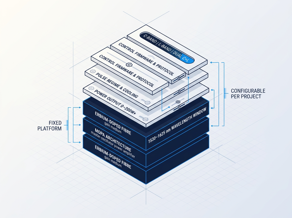 Layered stack diagram showing fixed technical foundation of Custom EDFA with erbium-doped fibre, MOPA architecture, and 1530–1625 nm wavelength window as immovable base blocks, and configurable layers above for power output, pulse regime, cooling, and control firmware.