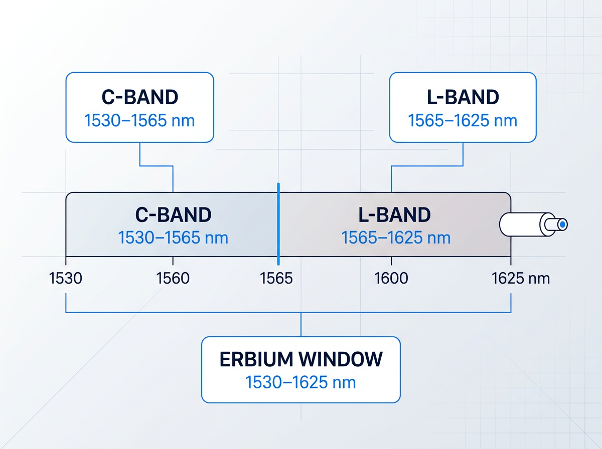 Wavelength band diagram showing the 1530–1625 nm erbium window divided into C-band (1530–1565 nm) and L-band (1565–1625 nm) regions on a horizontal spectrum bar with fiber optic cable icon at output indicating dual-band delivery.
