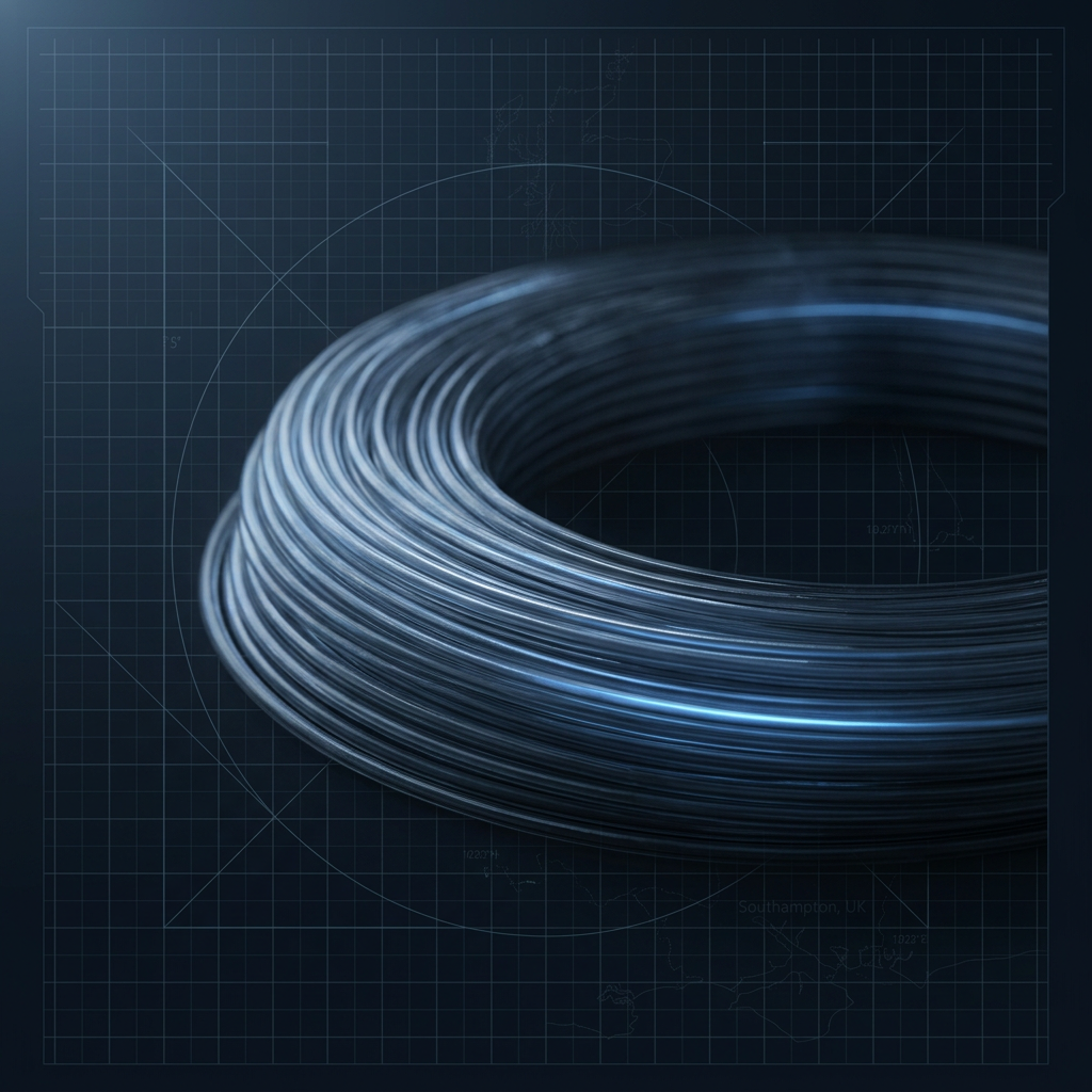 Coiled erbium-doped optical fiber glowing with faint electric blue infrared luminescence against dark navy laboratory backdrop with subtle Southampton coordinate grid pattern.