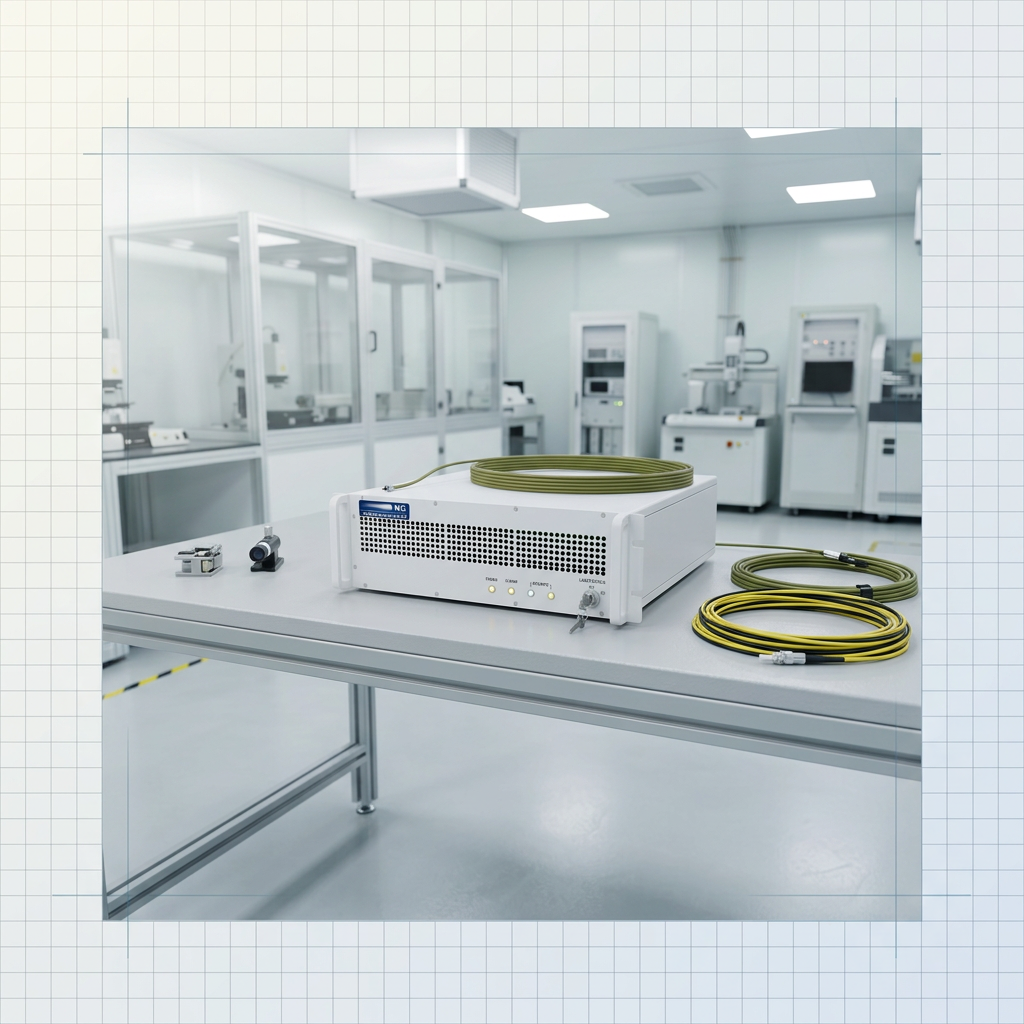Compact EDFA fibre amplifier system on a laboratory bench in a bright technical facility, with neatly routed optical cables and minimal footprint.