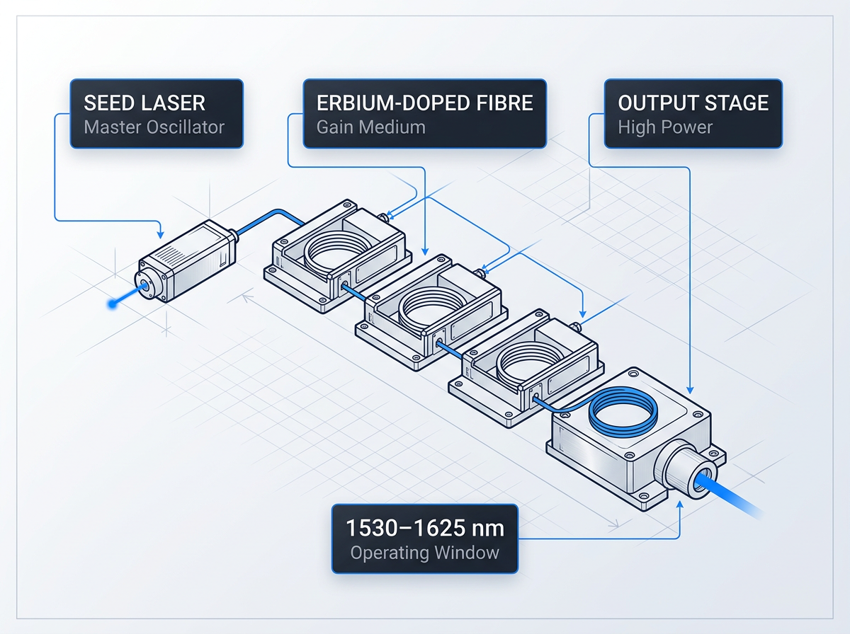 Isometric schematic of MOPA fibre amplifier chain: seed laser on left feeding three erbium-doped fibre amplifier stages with pump injection, progressing to high-power output stage on right. Electric blue signal and pump lines show signal flow. Operating window 1530–1625 nm labeled.