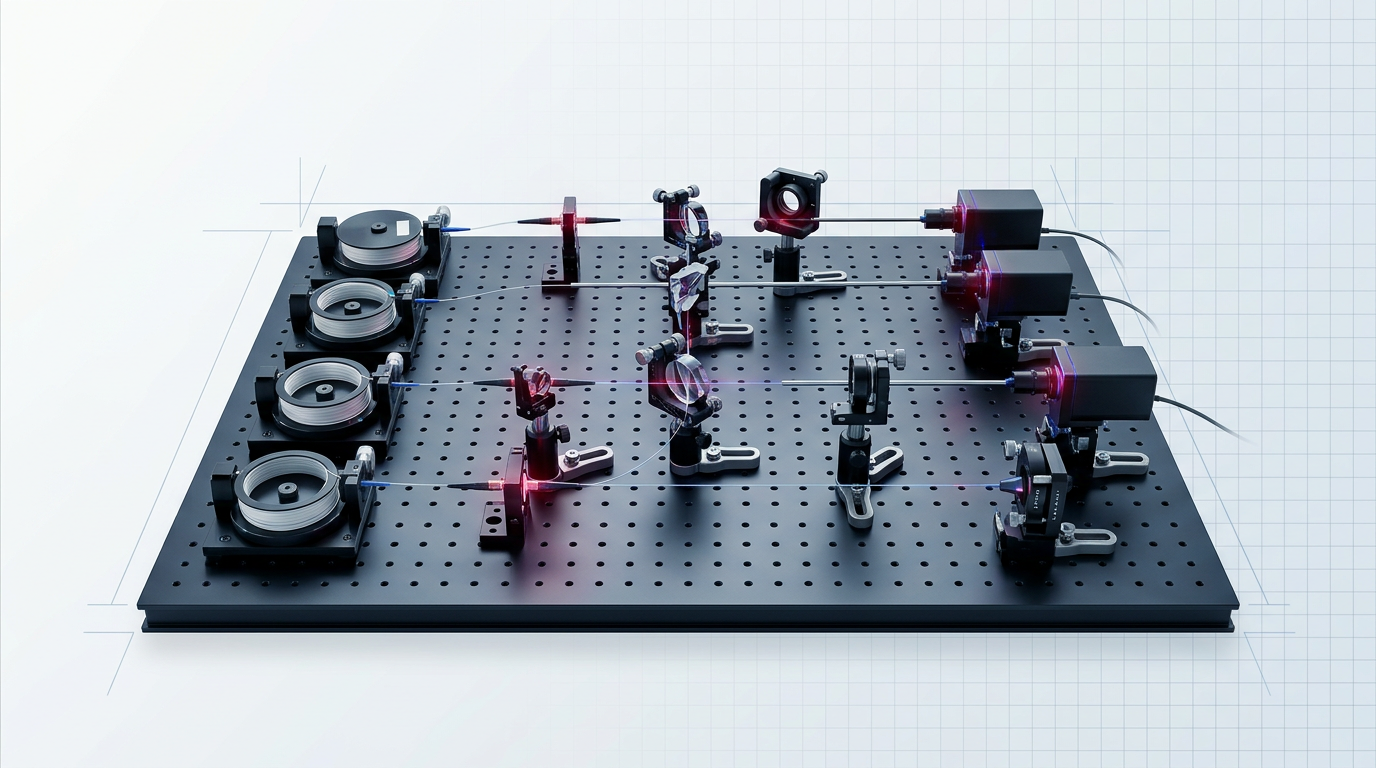 Quantum photonics laboratory optical bench with single-mode fiber spools, beamsplitters, and photon-counting detectors arranged on precision-engineered optical table, illuminated by faint infrared glow at 1550 nm.