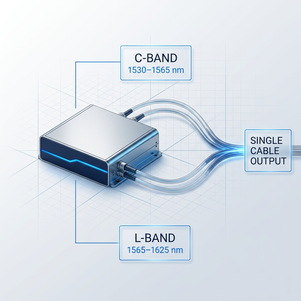 Technical diagram of dual-band fiber amplifier showing central amplifier unit with C-band (1530–1565 nm) and L-band (1565–1625 nm) output paths converging into single cable output, labeled with electric blue connector lines on light background.