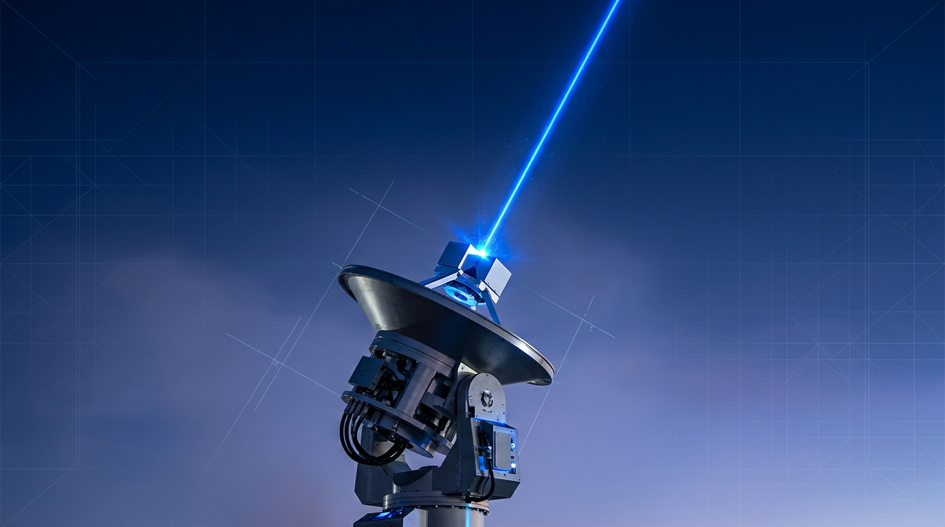 Ground-based optical terminal with precision telescope dish pointed skyward, vivid electric blue infrared laser beam rising toward sky against deep blue twilight backdrop, representing free-space optical communications uplink at 1550 nm.