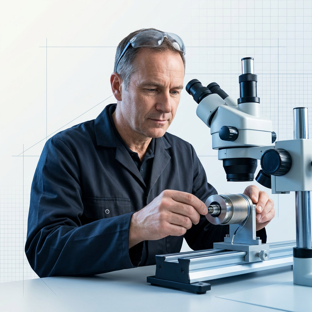 Senior engineer in lab coat examining fibre-optic assembly under stereo microscope in bright technical workspace, demonstrating hands-on expertise with high-power fiber amplifier components.