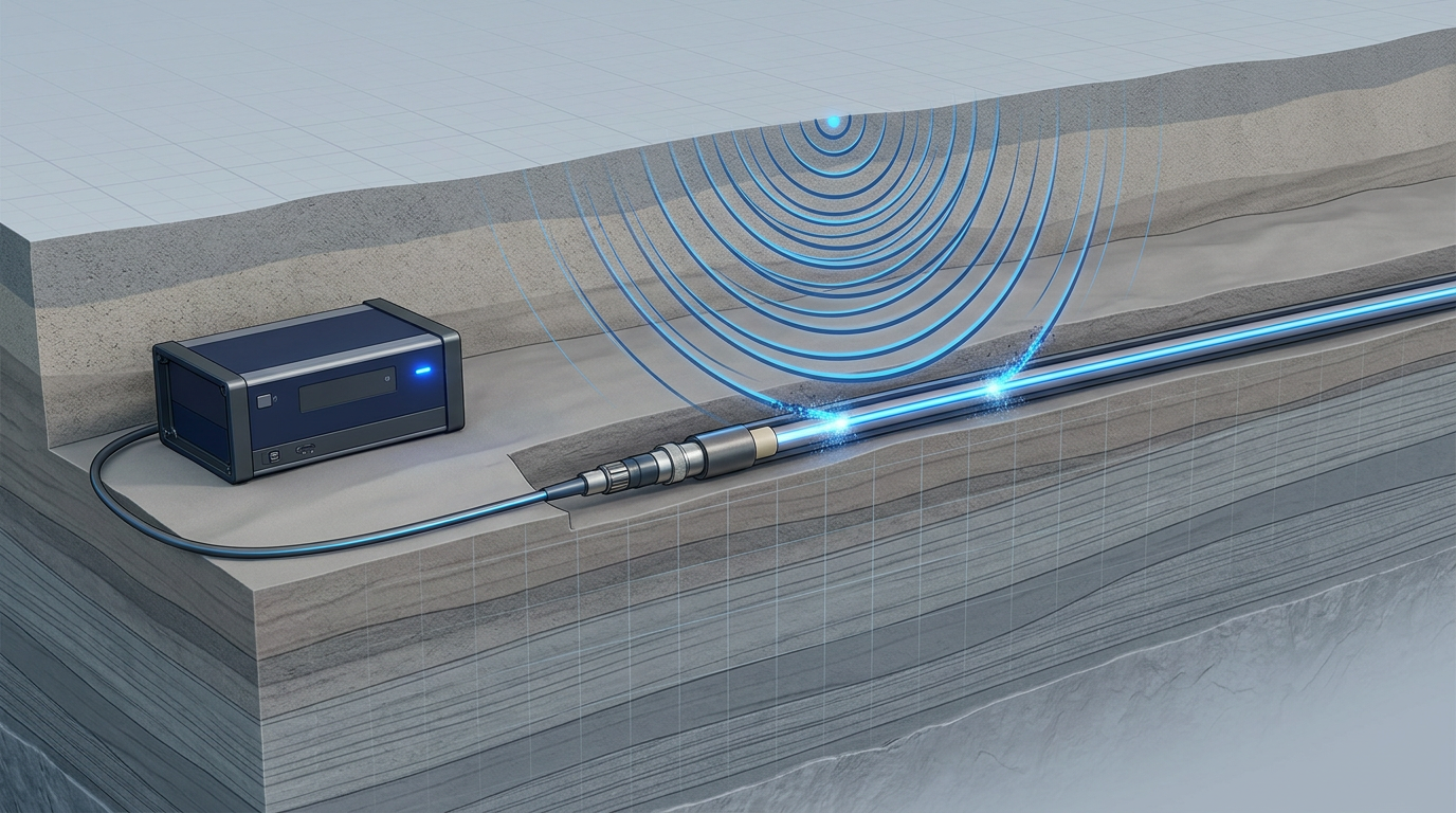 Cross-section of buried fibre optic cable with acoustic wavefronts propagating downward from surface and DAS interrogator unit at left emitting pulsed laser signal along cable.