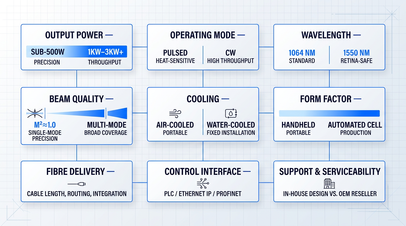 Nine-cell evaluation matrix for high-power fiber laser systems showing output power, operating mode, wavelength, beam quality, cooling type, form factor, fiber delivery, control interface, and support considerations.