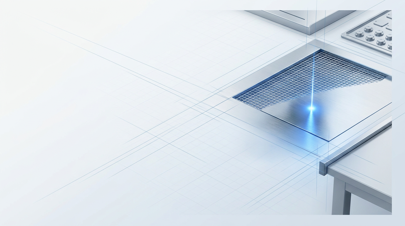 Industrial workspace with clean metal surfaces and precision equipment, bright even lighting with cool blue cast, faint geometric grid pattern suggesting technical drawing reference lines