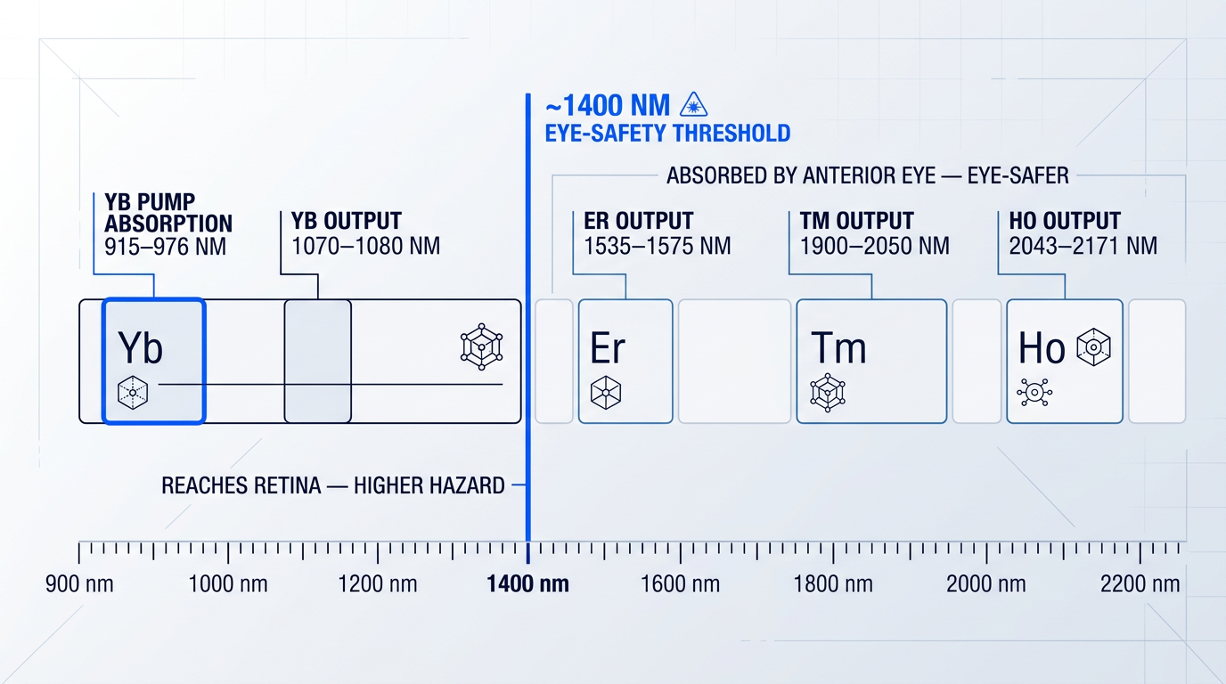 Wavelength spectrum diagram from 900 to 2200 nm showing output bands for Yb, Er, Tm, and Ho dopants with pump absorption bands, and a marked 1400 nm eye-safety threshold dividing retinal hazard zones from anterior eye absorption regions.
