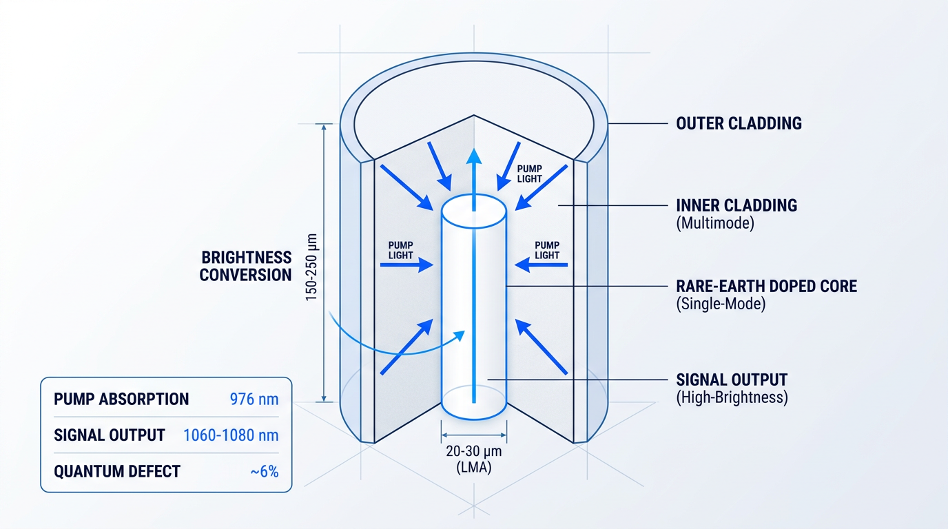Cross-sectional diagram of double-clad fiber showing three concentric layers: outer cladding, multimode inner cladding with inward-pointing pump light arrows at 976 nm, and central single-mode rare-earth-doped core with upward signal output arrow at 1060-1080 nm. Curved brightness conversion arrow indicates pump-to-signal conversion process.