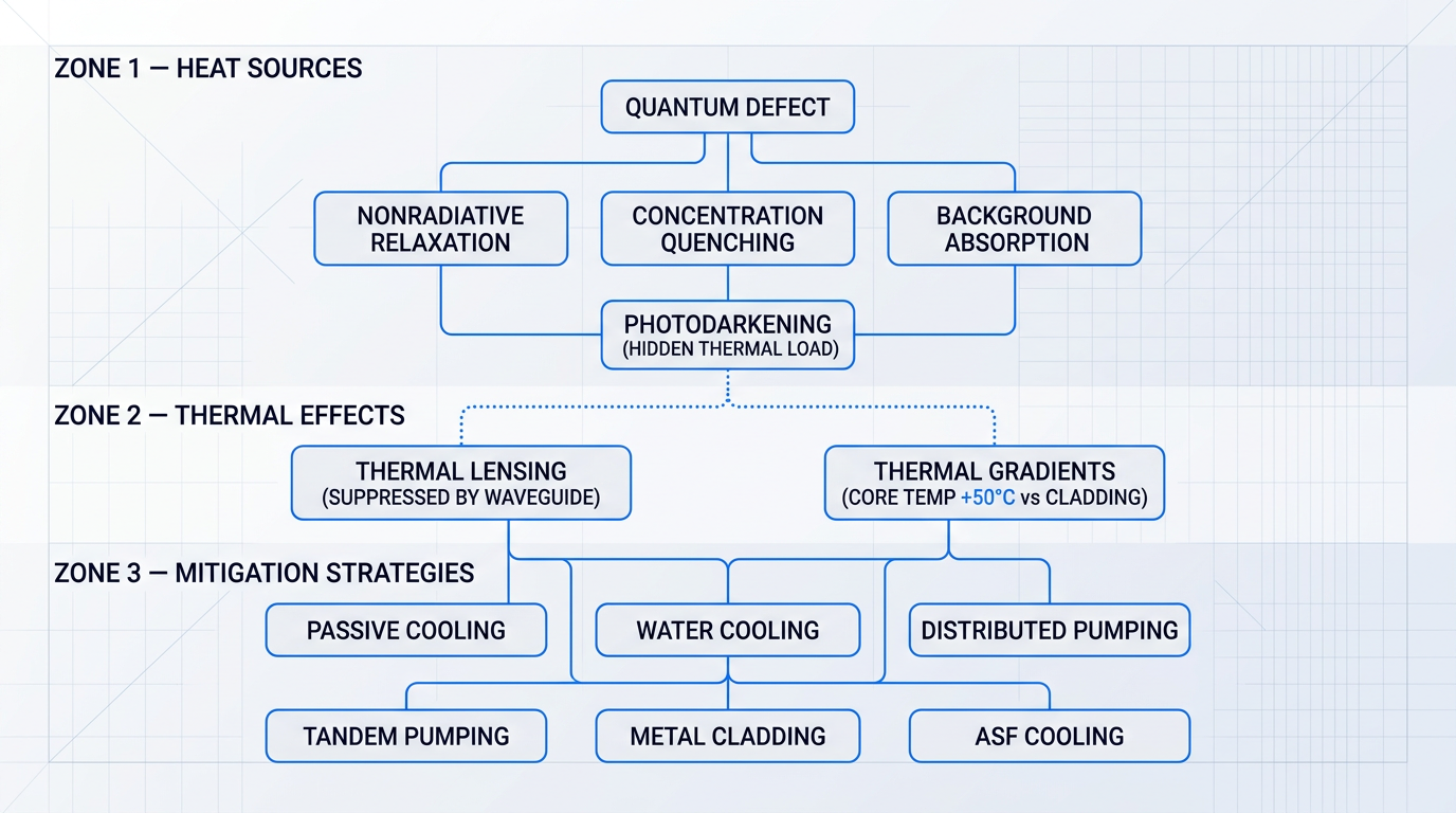 Hierarchical flow diagram showing high-power fiber laser heat sources cascading from quantum defect through secondary sources and thermal effects to six mitigation strategies arranged in two rows.