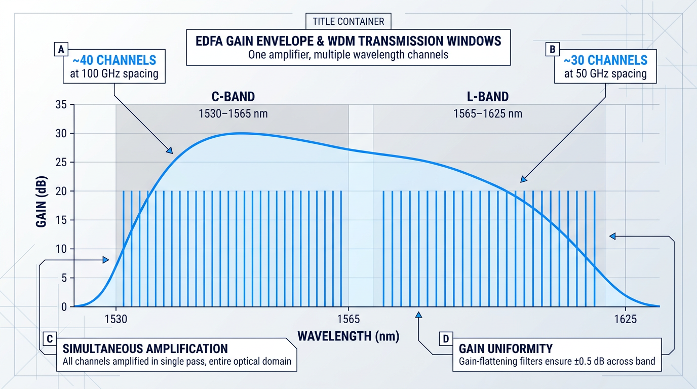 Technical infographic showing EDFA gain envelope curve overlaid on C-band (1530–1565 nm) and L-band (1565–1625 nm) wavelength windows with DWDM channel slots, demonstrating simultaneous amplification of approximately 40 channels in C-band and 30 in L-band.