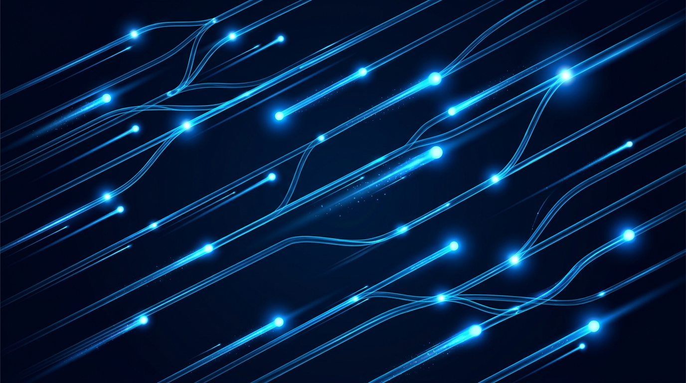 Abstract optical fiber strands glowing in electric blue with light pulses traveling diagonally across a dark navy background, representing signal amplification and data transmission through fiber optic networks.