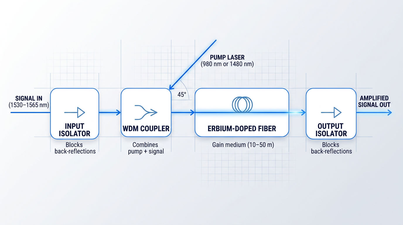 EDFA component flow diagram showing four-stage signal path: input isolator, WDM coupler combining pump and signal light, erbium-doped fiber gain medium, and output isolator, with pump wavelengths and signal wavelength labeled.