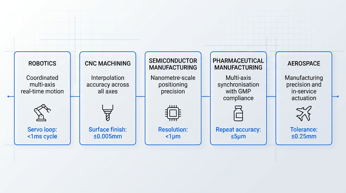 Five-domain industrial automation comparison showing Robotics, CNC Machining, Semiconductor Manufacturing, Pharmaceutical Manufacturing, and Aerospace, each with primary motion control demand and key technical requirement.