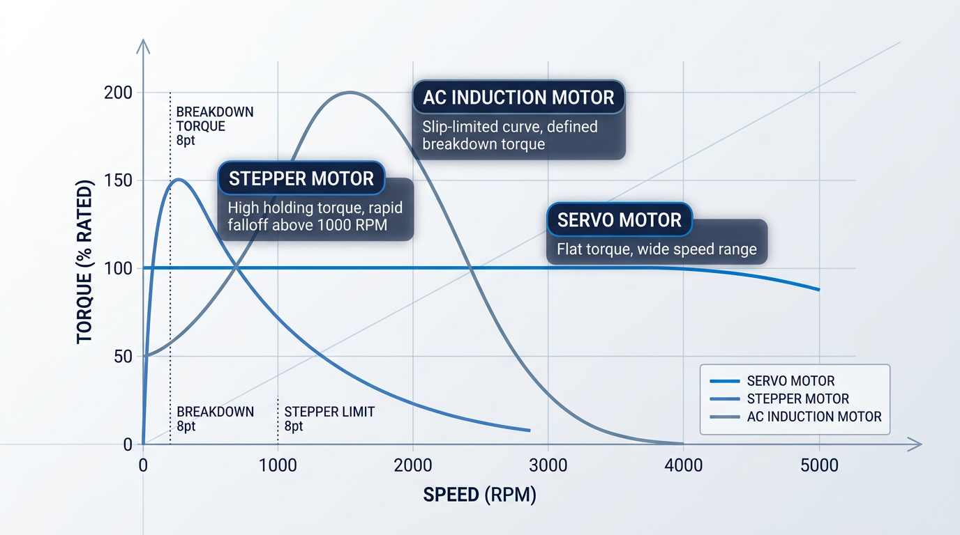 Comparative torque-speed curve chart plotting three motor types: servo motor maintains flat torque across wide speed range, stepper motor peaks at low speed then falls sharply, AC induction motor shows slip-limited curve with breakdown torque peak.