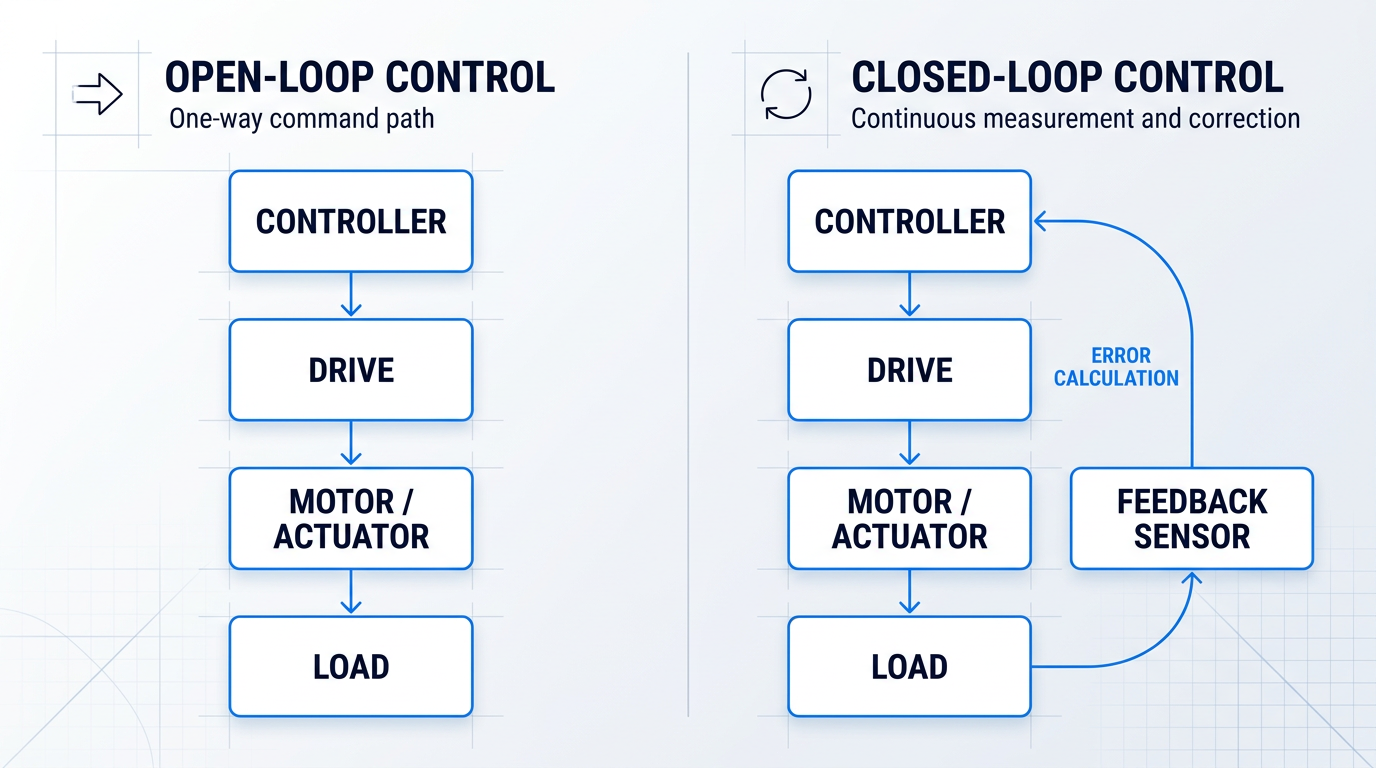 Side-by-side control architecture comparison: open-loop signal path flows one direction from controller through drive to motor, while closed-loop adds feedback sensor with return path to controller for error calculation.