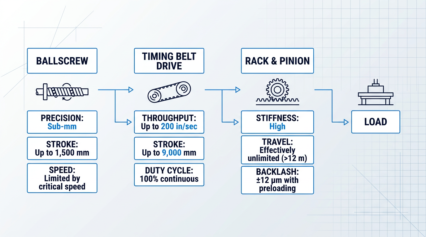 Process flow diagram showing three linear transmission technologies: ballscrew (sub-mm precision, up to 1,500 mm stroke), timing belt drive (200 in/sec throughput, up to 9,000 mm stroke), and rack and pinion (high stiffness, unlimited travel with ±12 µm backlash). Signal path flows left to right from motor shaft through each transmission type to load.