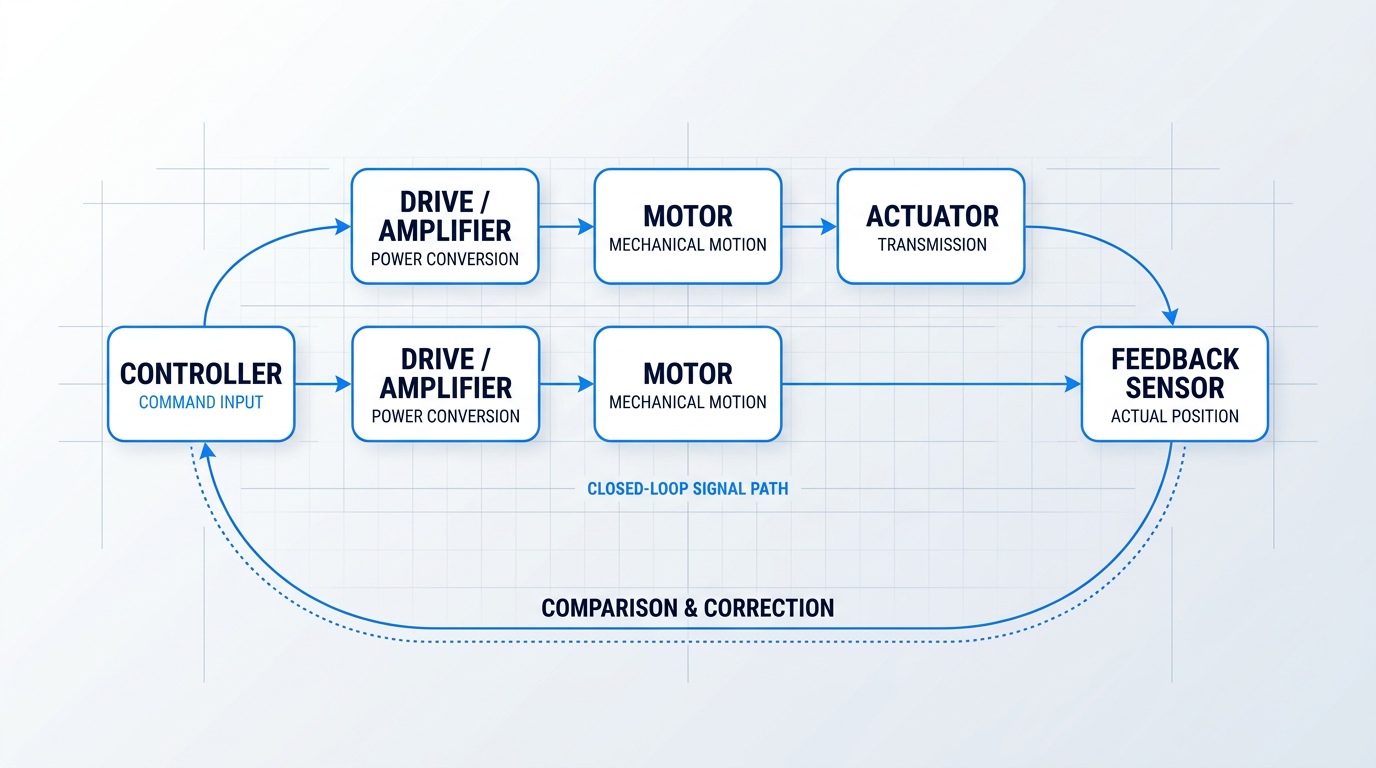 Closed-loop motion control system diagram showing five interconnected subsystems: Controller (command input), Drive/Amplifier (power conversion), Motor (mechanical motion), Actuator (transmission), and Feedback Sensor (actual position) arranged in circular flow with comparison and correction feedback path.