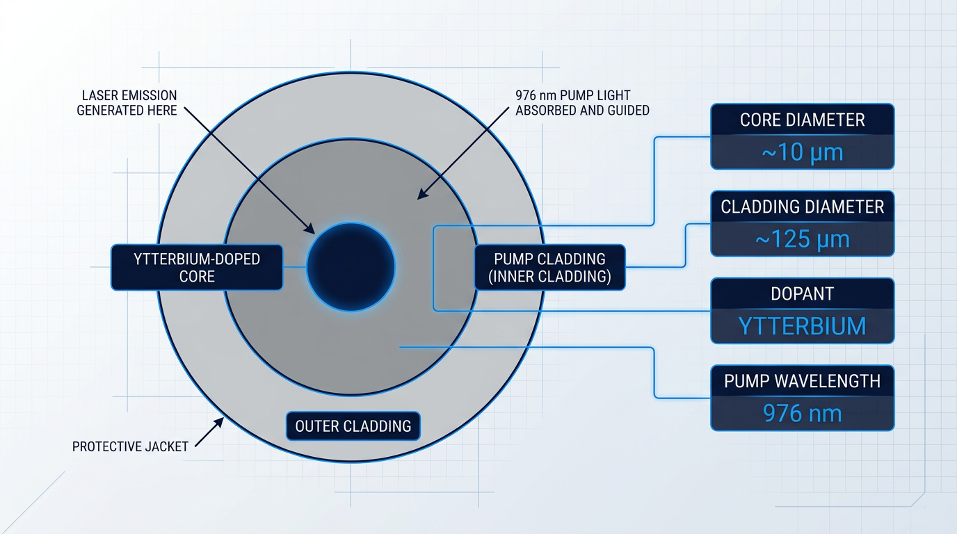Cross-sectional diagram of double-clad fiber laser showing ytterbium-doped inner core, pump cladding with 976 nm light absorption, and outer cladding with labeled dimensions and specifications.