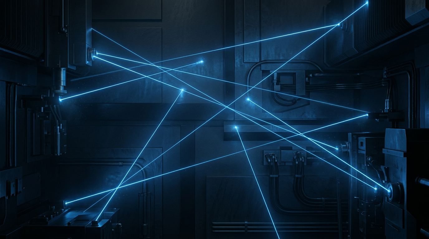 Dark industrial environment with multiple electric blue laser beams crisscrossing at precise angles against deep charcoal and steel surfaces, evoking precision laser ablation manufacturing.