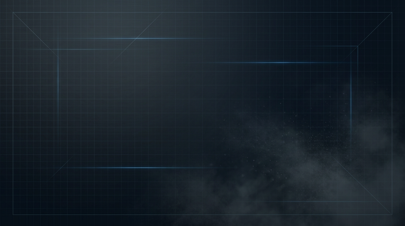 Dark industrial background with deep navy-to-charcoal gradient, faint geometric grid pattern, and subtle electric blue optical glow effects suggesting laser energy pathways across brushed steel surface texture.