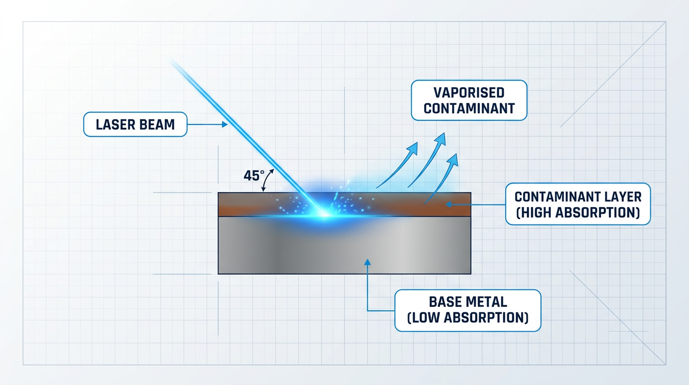 Cross-section diagram showing laser beam striking a rust oxide contaminant layer with intense blue energy absorption, while the base metal substrate below receives minimal energy, with vaporised contaminant ejecting upward.