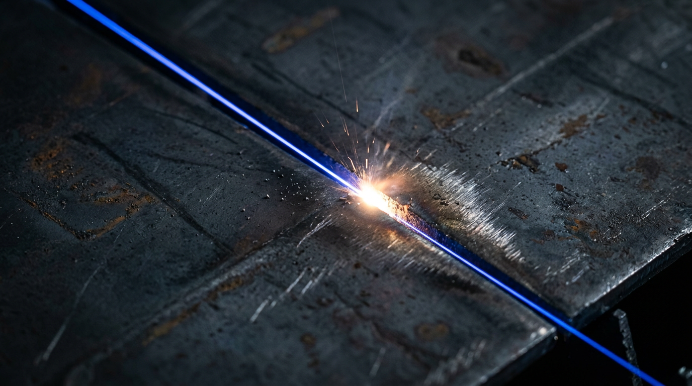 Close-up of textured steel surface with diagonal electric blue laser beam crossing the frame and illuminating the contact point with intense precision light.
