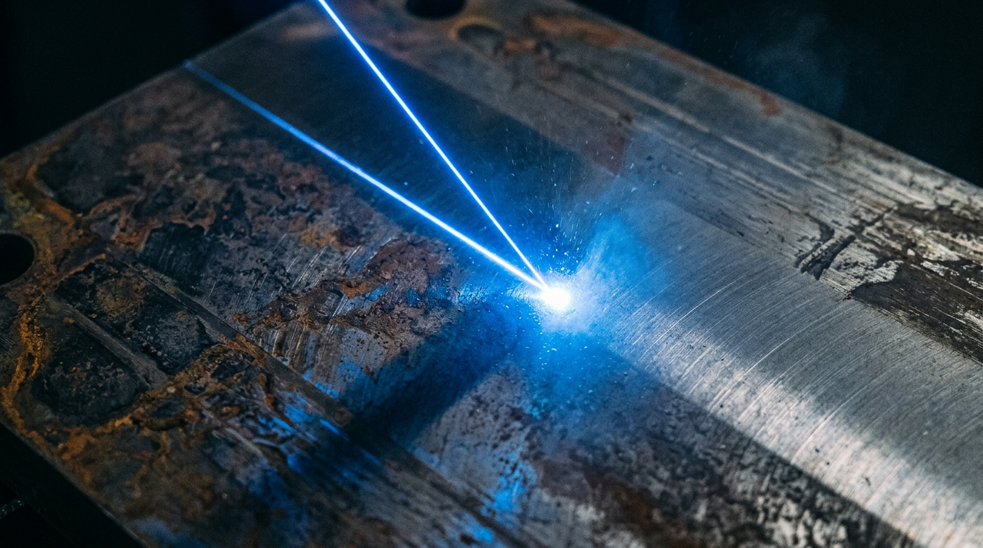 Dark industrial steel surface with diagonal electric blue laser beam cutting across, showing polished bare metal on one side and oxidized texture on the other, illustrating laser cleaning effect.