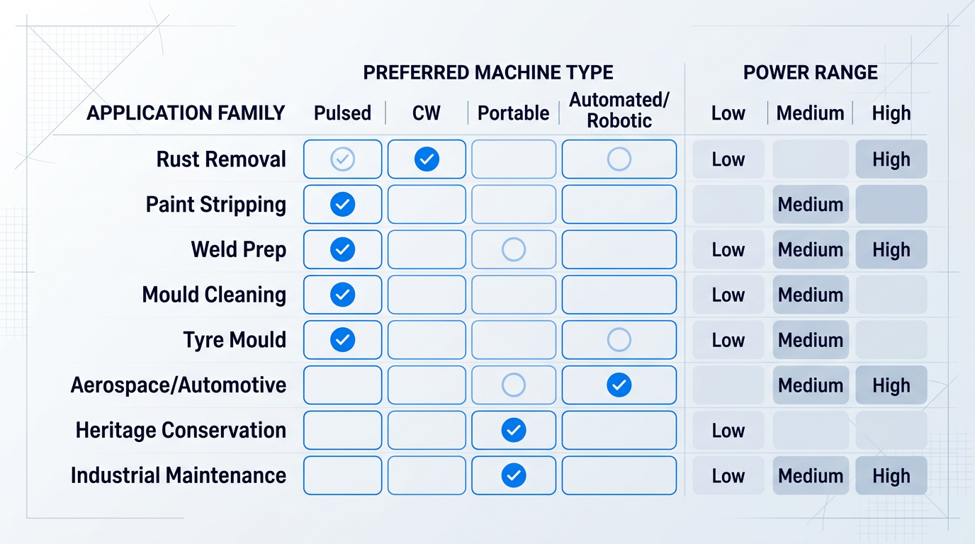Matrix mapping eight industrial laser cleaning applications to preferred machine types (pulsed, CW, portable, automated) and power levels (low, medium, high) with checkmarks indicating optimal configurations.