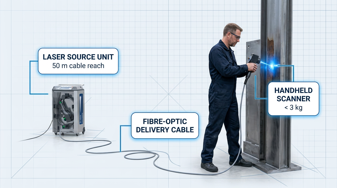 Wheeled ELASER laser cleaning unit on left with extended fibre-optic cable running across floor to operator on right holding handheld scanner against vertical metal structure, with electric blue laser contact point visible.