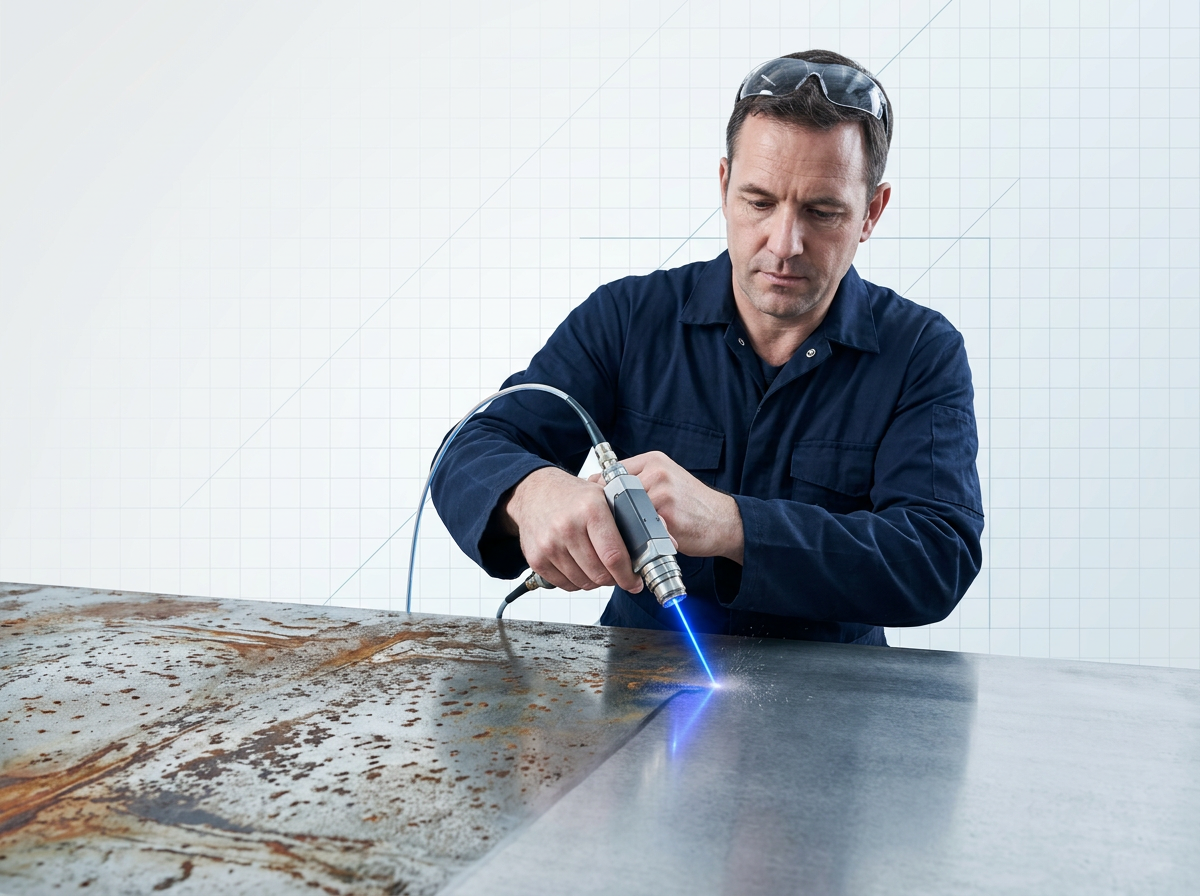 Skilled operator in dark navy coveralls holding ELASER handheld laser scanner, directing blue laser beam across metal surface showing stark contrast between oxidized and cleaned areas.