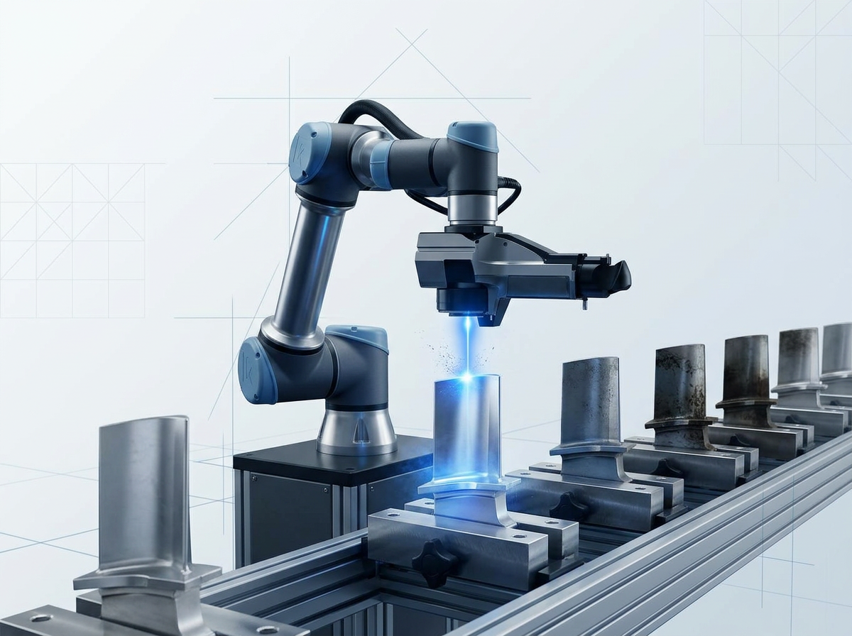 AutoLASE robotic arm actively cleaning a series of identical metallic production parts arranged in sequence on a conveyor, with electric blue laser energy glowing at the contact point.