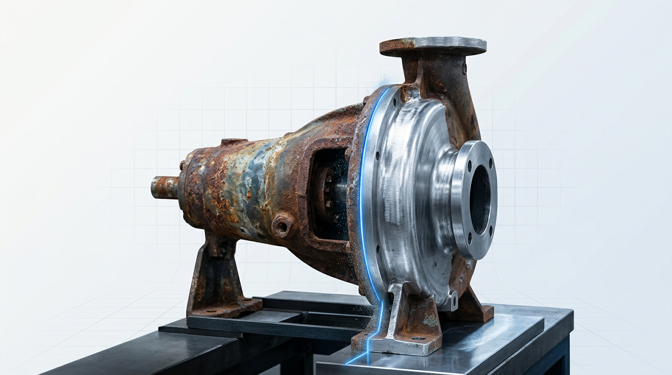 Corroded pump housing with stark dividing line showing rust-covered left side and laser-cleaned bare metal right side, positioned on work surface in bright industrial workshop.