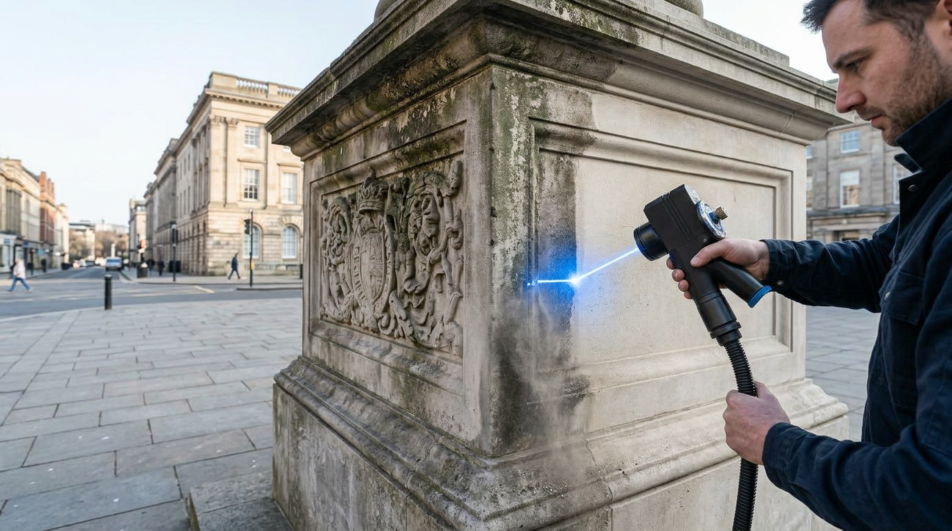 Technician using ELASER laser scanner to clean weathered stone monument in open civic plaza, with electric blue laser line removing soiling and revealing clean surface beneath.