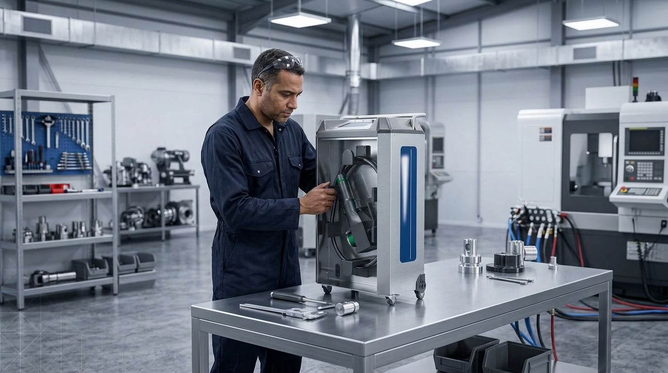 Engineer in navy coveralls adjusting ELASER laser cleaning unit on steel workbench in bright British manufacturing workshop with organized tool storage and precision equipment.