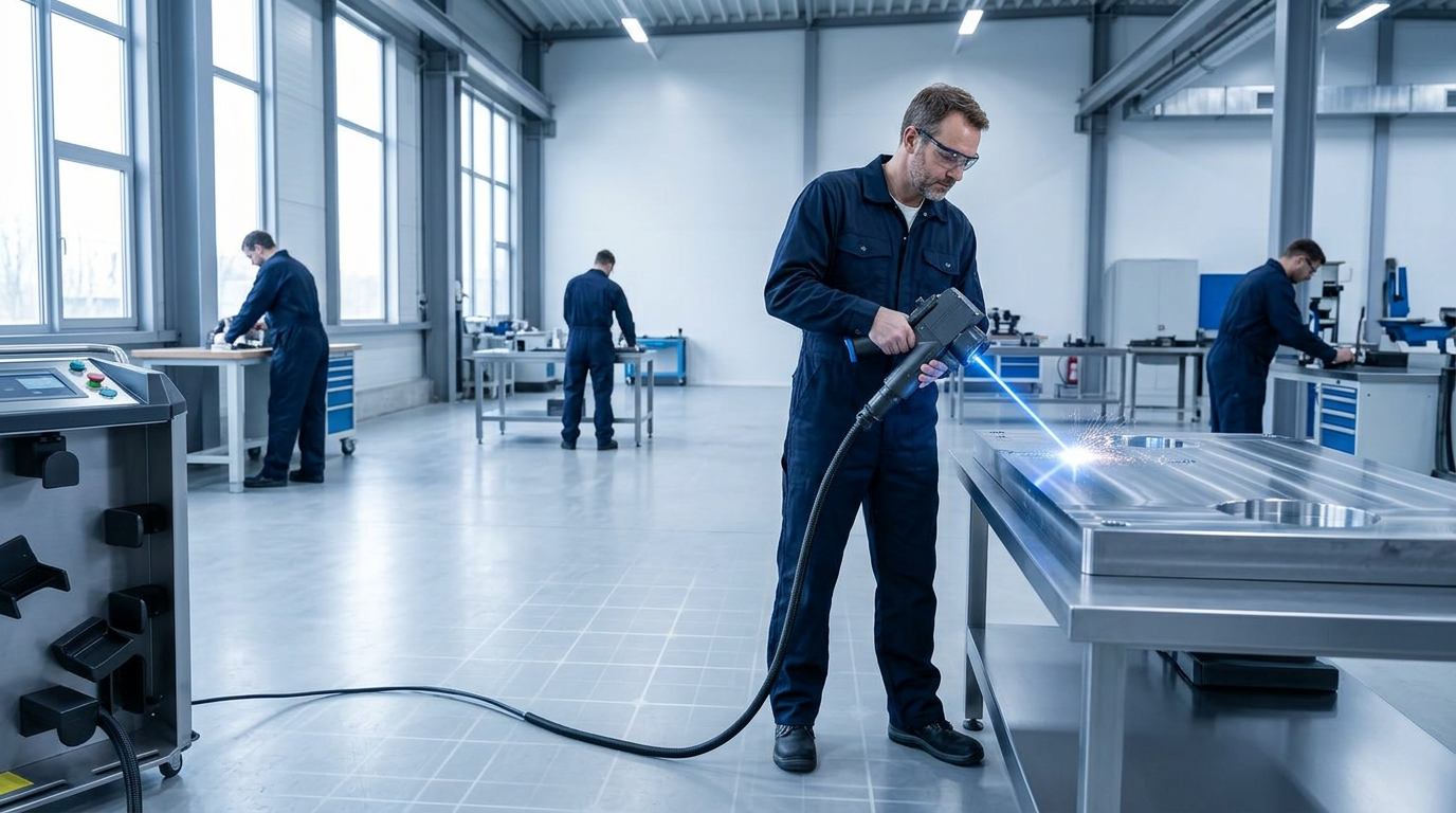 Engineer in navy coveralls operating ELASER handheld laser scanner on metal workpiece in bright open workshop; colleagues work unobstructed at background stations without exclusion zones.